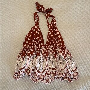 Free People Rust Brown Polka Dot Lace Halter Top